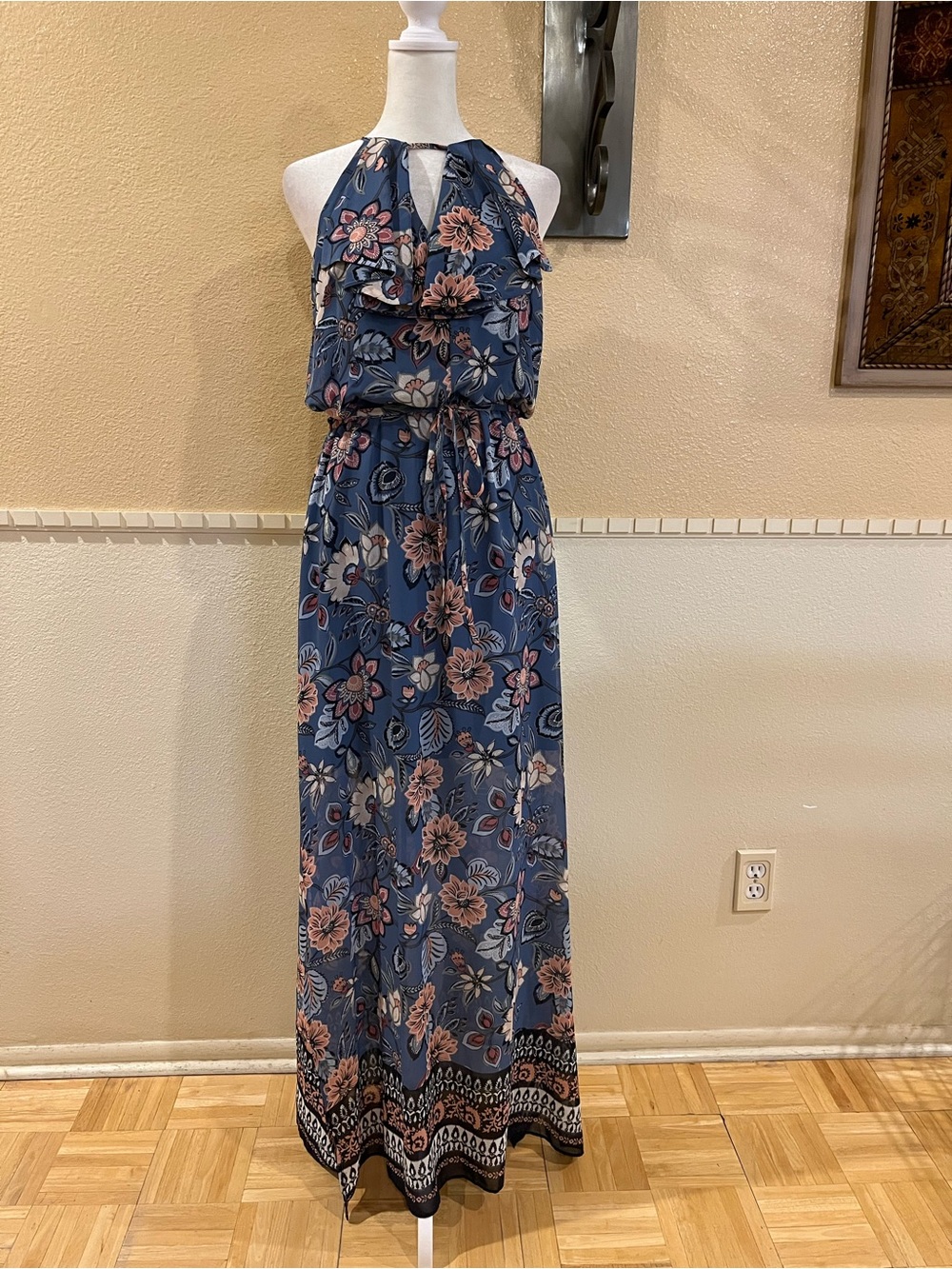 Vince Camuto Floral Chiffon Halter Maxi Dress Stretchy waist Greyish blue pink 6